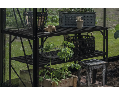 Gewächshausregal mit Pflanzen, Körben und Gartengeräten