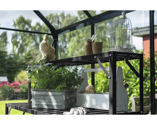 Gewächshausregal mit Kräutern, Pflanzgefäßen und Gartenzubehör