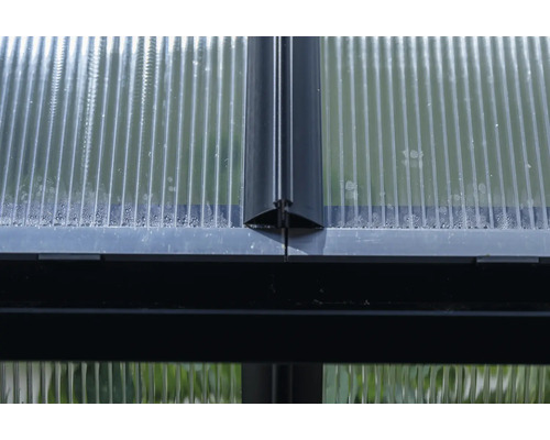 Detailaufnahme einer Gewächshauswand mit transparenten Platten