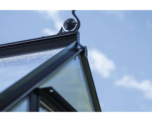 Detailansicht eines Gewächshausdachs mit dekorativer Spitze