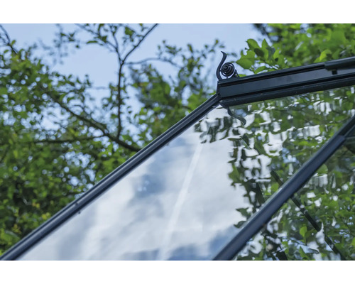 Detailansicht eines geöffneten Gewächshausfensters mit Entlüftung