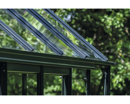 Detailansicht eines Gewächshauses mit Glasdach und Metallrahmen