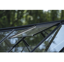 Detailansicht eines Gewächshauses mit geöffnetem Fenster zur Belüftung.