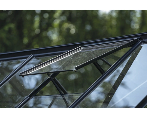 Detailansicht eines Gewächshauses mit geöffnetem Fenster zur Belüftung.