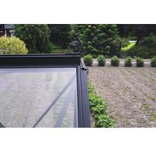 Detailansicht eines Gewächshauses mit dekorativer Verzierung auf dem Dach