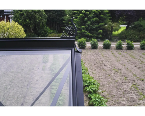 Detailansicht eines Gewächshauses mit dekorativer Verzierung auf dem Dach