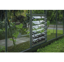 Gewächshaus mit Fensterjalousie zur Belüftung und Pflanzenstütze