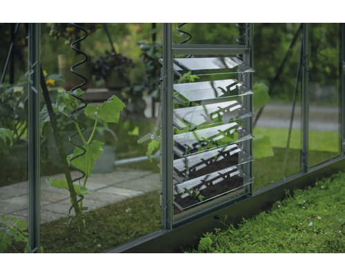 Gewächshaus mit Fensterjalousie zur Belüftung und Pflanzenstütze