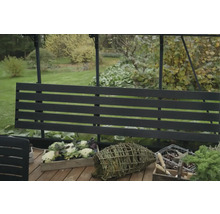 Außenaufnahme eines Gartens mit Gewächshaus und Gartenpflanzen in Behältern