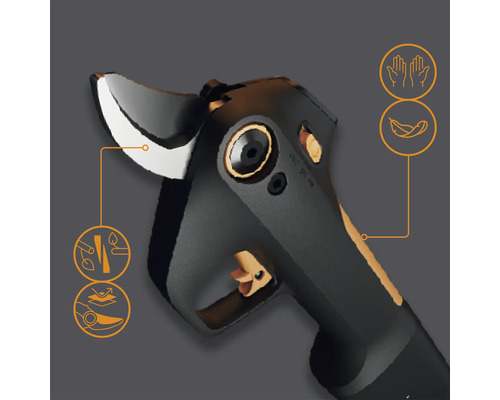 Elektrische Gartenschere mit Symbolen für sichere und einfache Anwendung