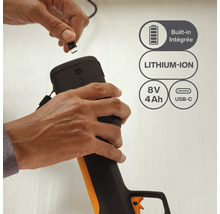 Akku-Gerät mit eingebautem Lithium-Ionen-Akku, 8 Volt, 4 Amperestunden und USB-C-Anschluss.