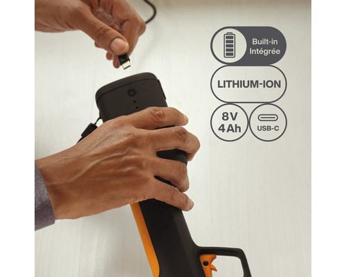 Akku-Gerät mit eingebautem Lithium-Ionen-Akku, 8 Volt, 4 Amperestunden und USB-C-Anschluss.
