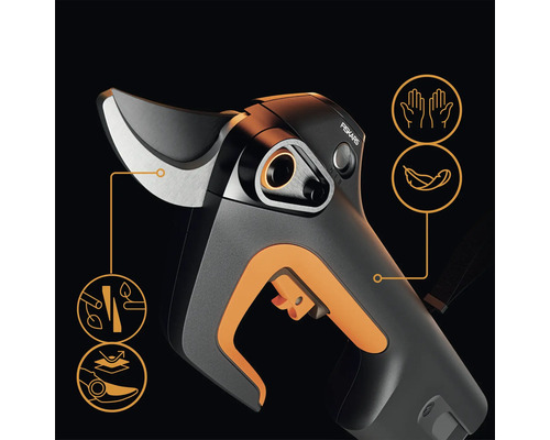 Akkubetriebene Gartenschere mit Hinweisen zu Funktionen und Eigenschaften