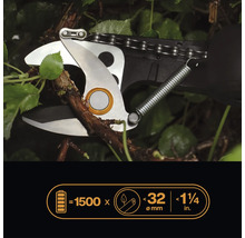 Astschere schneidet einen Zweig. Technische Daten der Akku-Astschere: 1500 Hübe, bis 32 Millimeter Durchmesser, bis 1 1/4 Zoll Durchmesser.