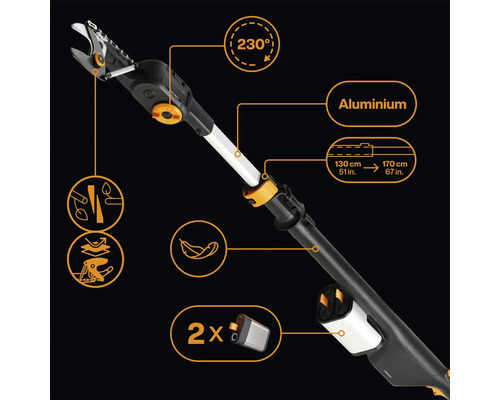 Akkubetriebene Gartenschere mit Aluminiumstiel, 230 Grad Schneidwinkel, zwei Akkus und Teleskopstiel von 130 Zentimeter bis 170 Zentimeter
