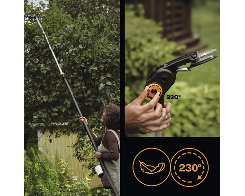 Frau benutzt eine Teleskop-Astschere zum Beschneiden eines Baumes. Detailaufnahme des Scherenkopfes mit 230-Grad-Drehung und Symbol für geringes Gewicht