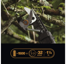 Astschere schneidet Ast, Akku für bis zu 1500 Schnitte, bis zu 32 Millimeter Durchmesser