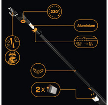 Illustration einer Akku-Astschere mit Aluminiumstiel, der von 2,5 Meter auf 4 Meter verlängerbar ist und einen Aktionsradius von 230 Grad hat.