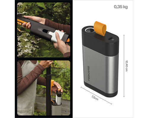 Fiskars PowerEase Akku mit Produktmaßen und Gewicht
