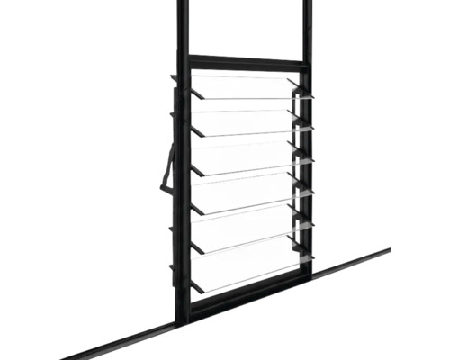 Lamellenfenster mit schwarzem Rahmen und transparenten Lamellen