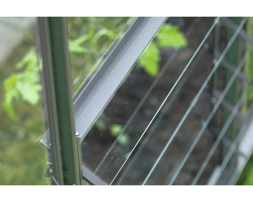 Detailansicht eines Gewächshausfensters mit Metallrahmen und Glasscheiben