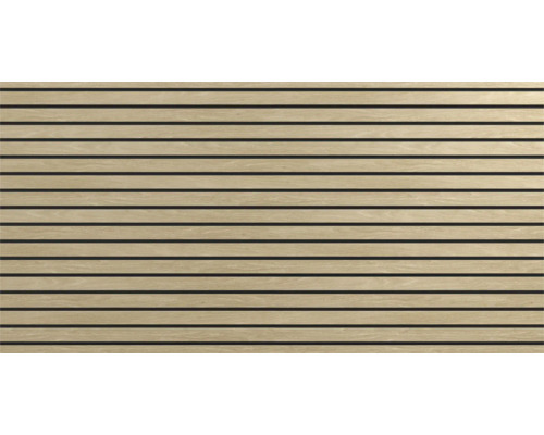 Akustikpaneel mit horizontalen Holzlamellen und schwarzen Zwischenräumen.