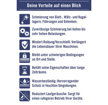 Information about the advantages at a glance: lubrication, reliable lubrication even under high loads, reduces friction, stays in place under difficult conditions, retains its properties over long periods, water-resistant and reduces running noise