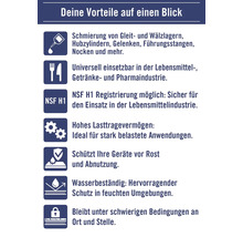 Produktvorteile: Schmierung, universell einsetzbar, NSF H1 Registrierung, hohes Lasttragevermögen, Schutz vor Rost und Abnutzung, wasserbeständig, haftet unter schwierigen Bedingungen.