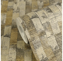 Tapetenrolle mit industriellem Streifenmuster in Gold, Silber und Braun mit Used-Optik und strukturierter Oberfläche.