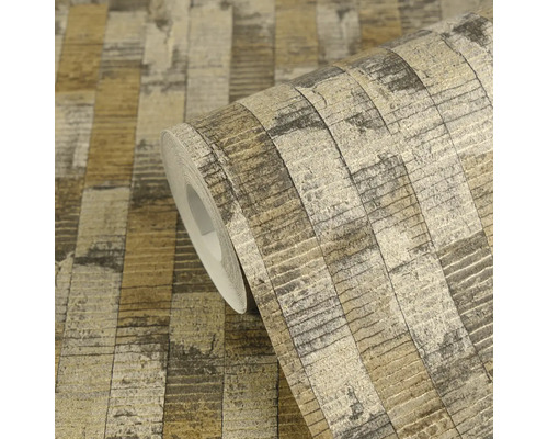 Tapetenrolle mit industriellem Streifenmuster in Gold, Silber und Braun mit Used-Optik und strukturierter Oberfläche.