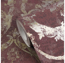 Tapetenrolle mit Damastmuster, Vliestapete im Vintage-Stil, rot und gold mit strukturierter Oberfläche.
