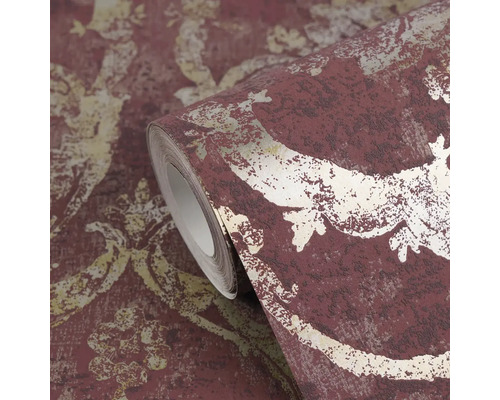 Tapetenrolle mit Damastmuster, Vliestapete im Vintage-Stil, rot und gold mit strukturierter Oberfläche.