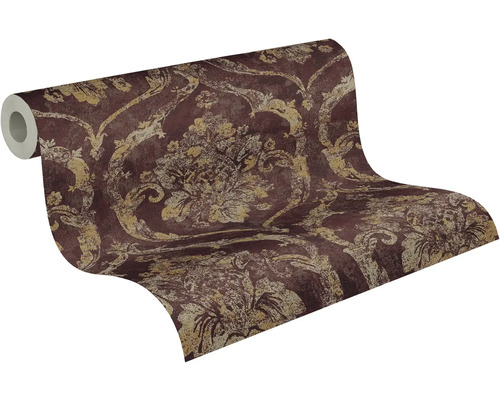 Vliestapete mit barockem Damast-Muster in Bordeaux und Gold.