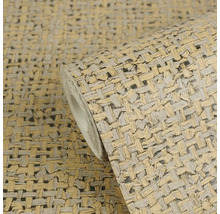 Vliestapete in Bastoptik, geflochtenes Muster in Beige und Grau.
