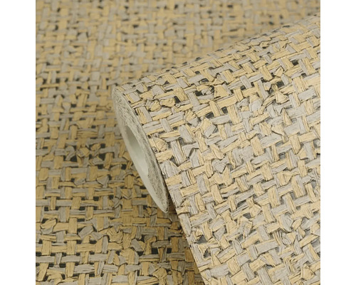 Vliestapete in Bastoptik, geflochtenes Muster in Beige und Grau.