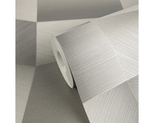 Graue Vliestapete auf Rolle mit geometrischem Muster und feiner Linienstruktur.