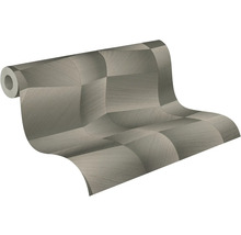 Tapetenrolle mit dreidimensionalem geometrischem Muster in Grau, strukturierte Metallic-Optik.