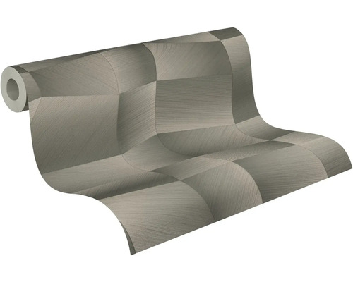 Tapetenrolle mit dreidimensionalem geometrischem Muster in Grau, strukturierte Metallic-Optik.