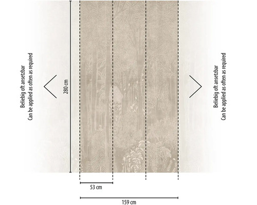 Tapetenmuster mit Waldmotiv und Maßangaben