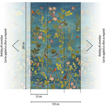 Tapetenwand mit Vogel- und Pflanzenmuster, Maße 280 x 159 cm