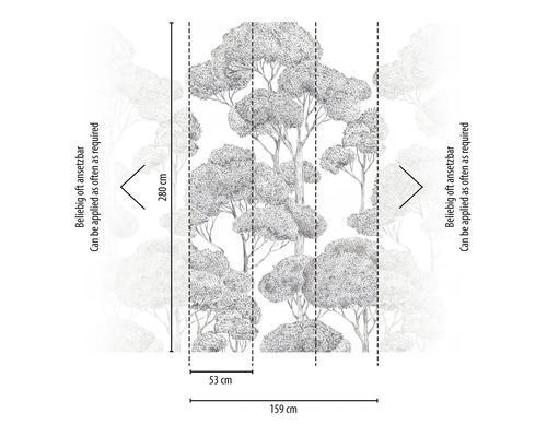 Tapete mit Waldmotiv und Maßangaben