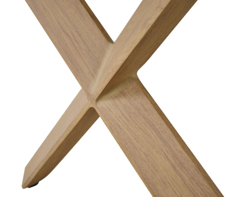 Detailaufnahme eines X-förmigen Tischbeins aus Holz mit natürlicher Maserung.