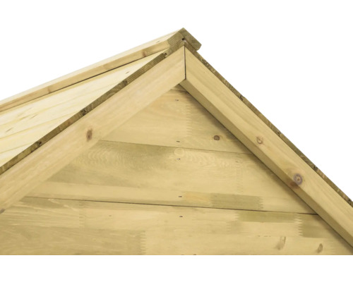 Detailansicht des Giebels eines Gartenhauses aus Holz