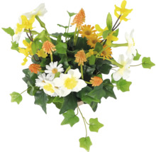 Dekorative Kunstblumen in einem Topf mit weißen, gelben und orangenen Blüten