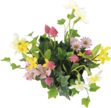 Blumenarrangement mit verschiedenen Blüten und grünen Blättern