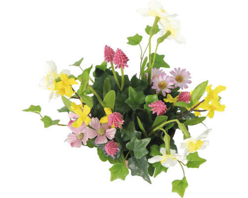 Blumenarrangement mit verschiedenen Blüten und grünen Blättern