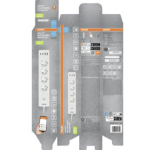 Osram Smart Plus Multipower Steckdose EU Verpackung mit vier Wechselstromsteckdosen, vier USB-Anschlüssen, Energiemessgerät und WLAN-Funktion sowie Osram Logo.