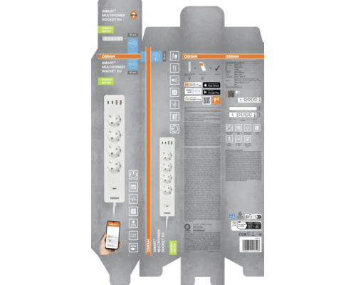 Osram Smart Plus Multipower Steckdose EU Verpackung mit vier Wechselstromsteckdosen, vier USB-Anschlüssen, Energiemessgerät und WLAN-Funktion sowie Osram Logo.