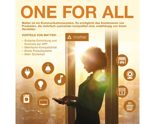 Matter Logo und Infografik zum Smart Home Standard für herstellerübergreifende Kompatibilität und Steuerung von Geräten per Smartphone App.