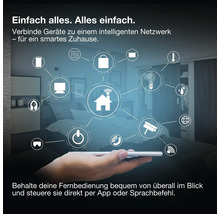 Hand mit Smartphone zeigt vernetztes Smart Home System mit Symbolen für Licht, Sicherheit und Heizung über einem Schlafzimmer.